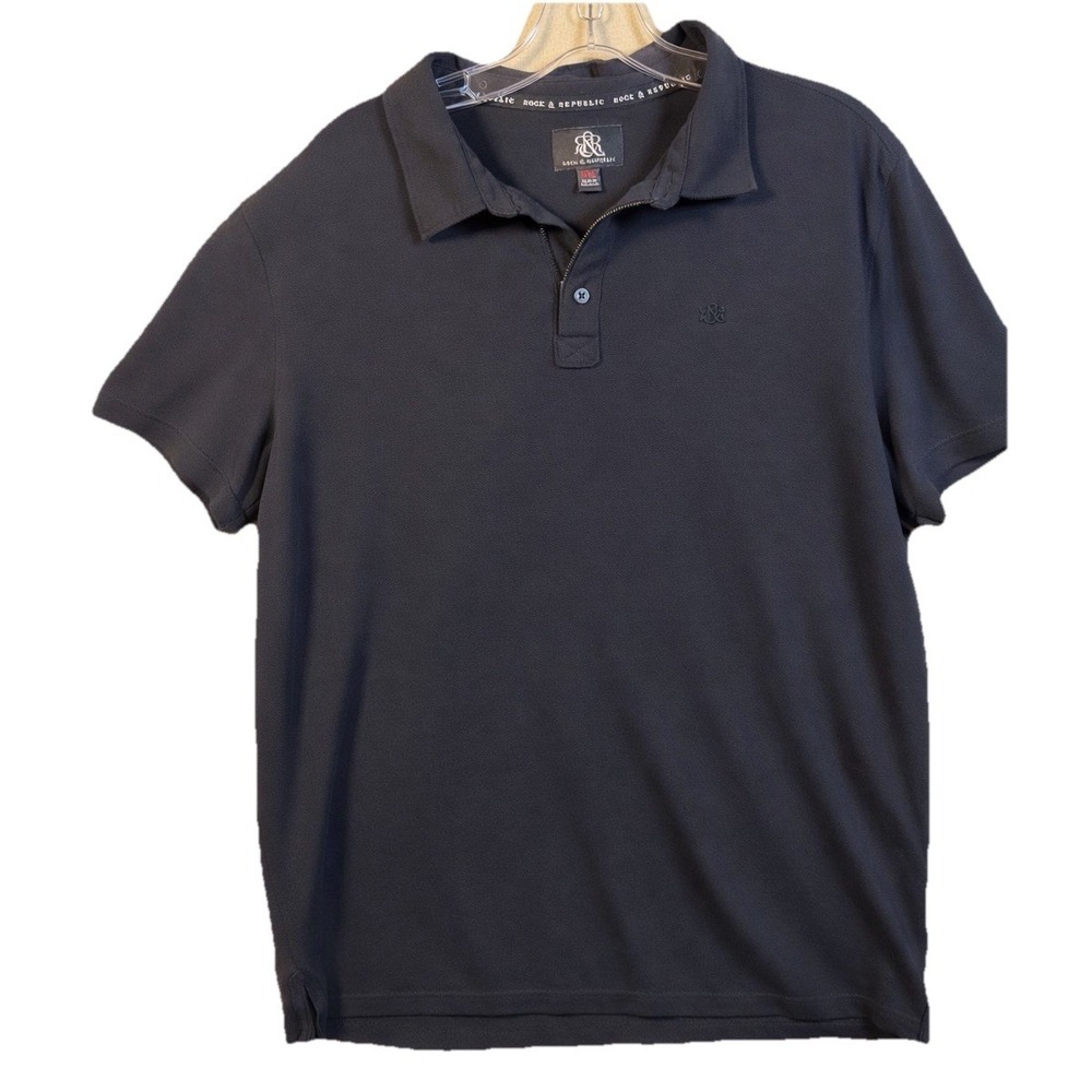 Rock & Republic Mens‎ XXL Black Pique Polo Shirt Short Sleeve Zip Button Hybrid